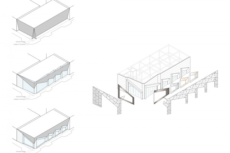 建筑的外立面采用了大型玻璃纤维增强混凝土（GFRC）面板建造，上面再铺设瓷砖。上面的皱褶让临街的商店有种凹陷进去的感觉。而每家商店都形成自己独自的门面外墙面板上的照明系统在外立面上创建出了一种散射的效果。在夜晚，这种照明会产生一系列不同的变化。